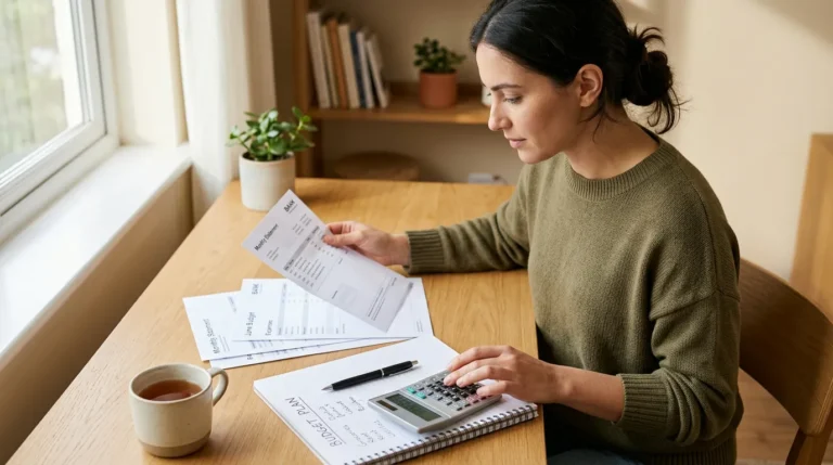 Pessoa analisando a fatura do cartão ao lado de uma calculadora e um orçamento mensal organizado