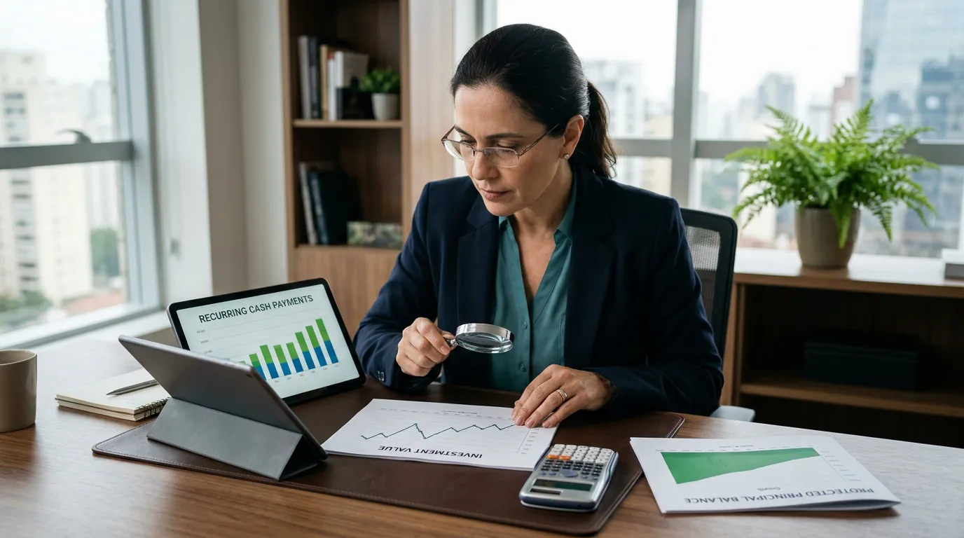 Investidor analisando pagamentos recorrentes, variação do valor investido e preservação do capital em uma mesa de planejamento financeiro