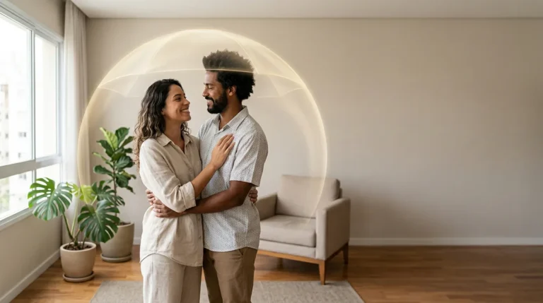Casal brasileiro reunido em casa sob um símbolo visual sutil de proteção financeira compartilhada