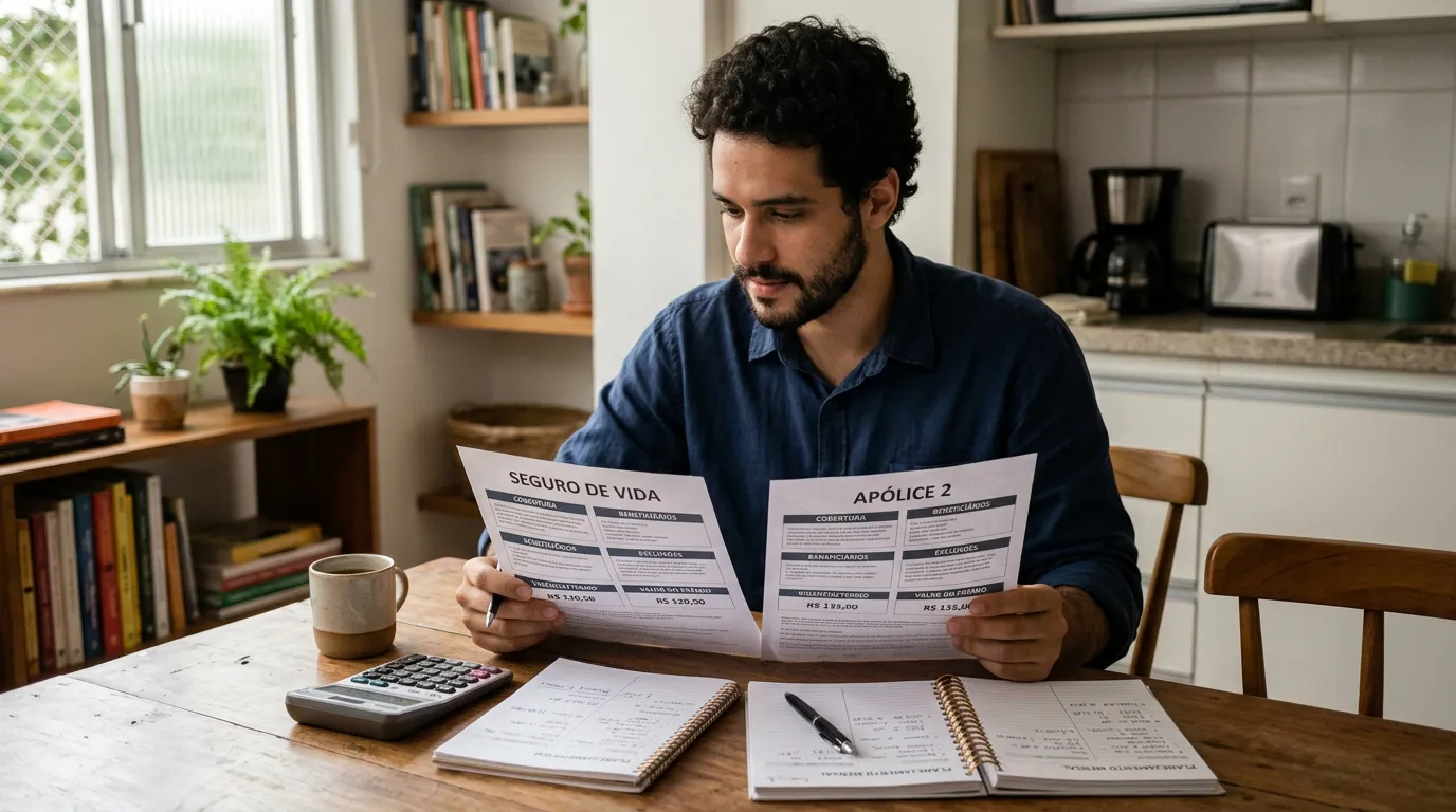 Jovem adulto comparando propostas de seguro de vida com calculadora e anotações sobre cobertura, beneficiários, prazo e pagamento