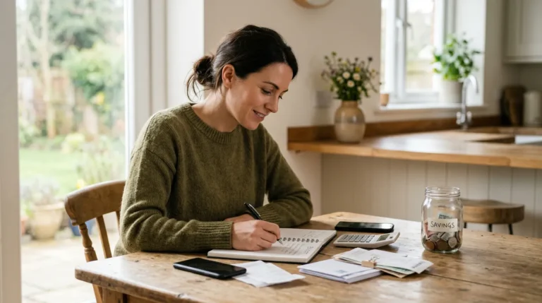 Pessoa organizando o orçamento mensal com contas, calculadora e um recipiente separado para guardar dinheiro