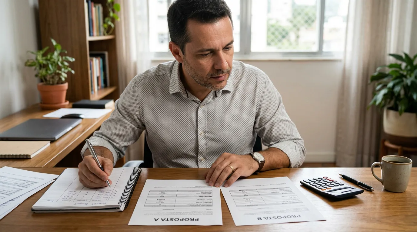 Pessoa comparando duas propostas de crédito com calculadora, anotações sobre CET, entrada, parcelas e custo total