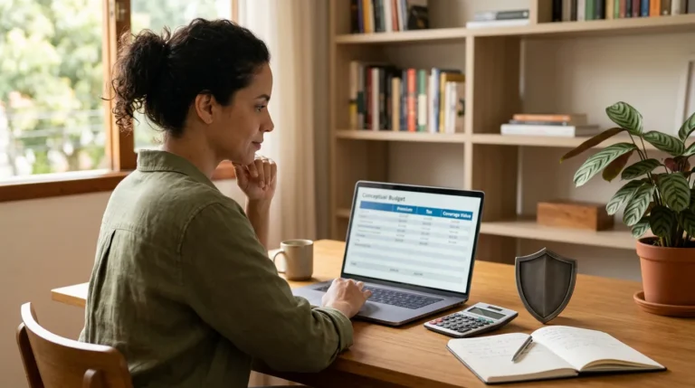 Pessoa analisando o orçamento de um seguro de vida ao lado de uma calculadora e de um símbolo de proteção