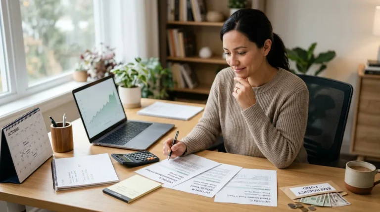 Pessoa organizando opções de investimentos de baixo risco ao lado de calendário, calculadora e envelope de dinheiro