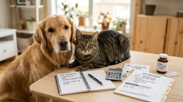 Cão e gato ao lado de uma calculadora, um caderno e documentos de cuidados veterinários