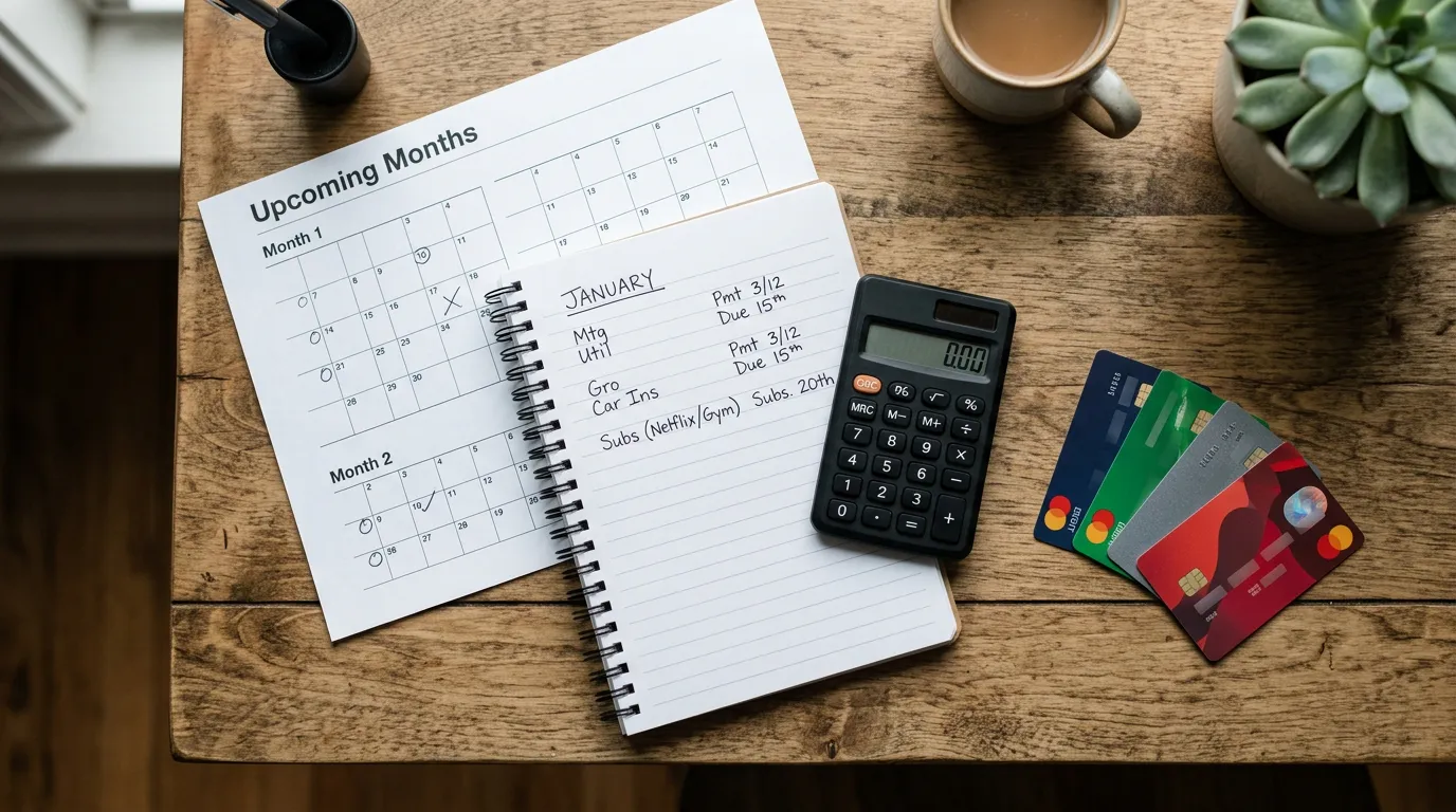 Calendário com meses futuros, lista de parcelas e assinaturas recorrentes, calculadora e cartões sobre uma mesa de planejamento financeiro