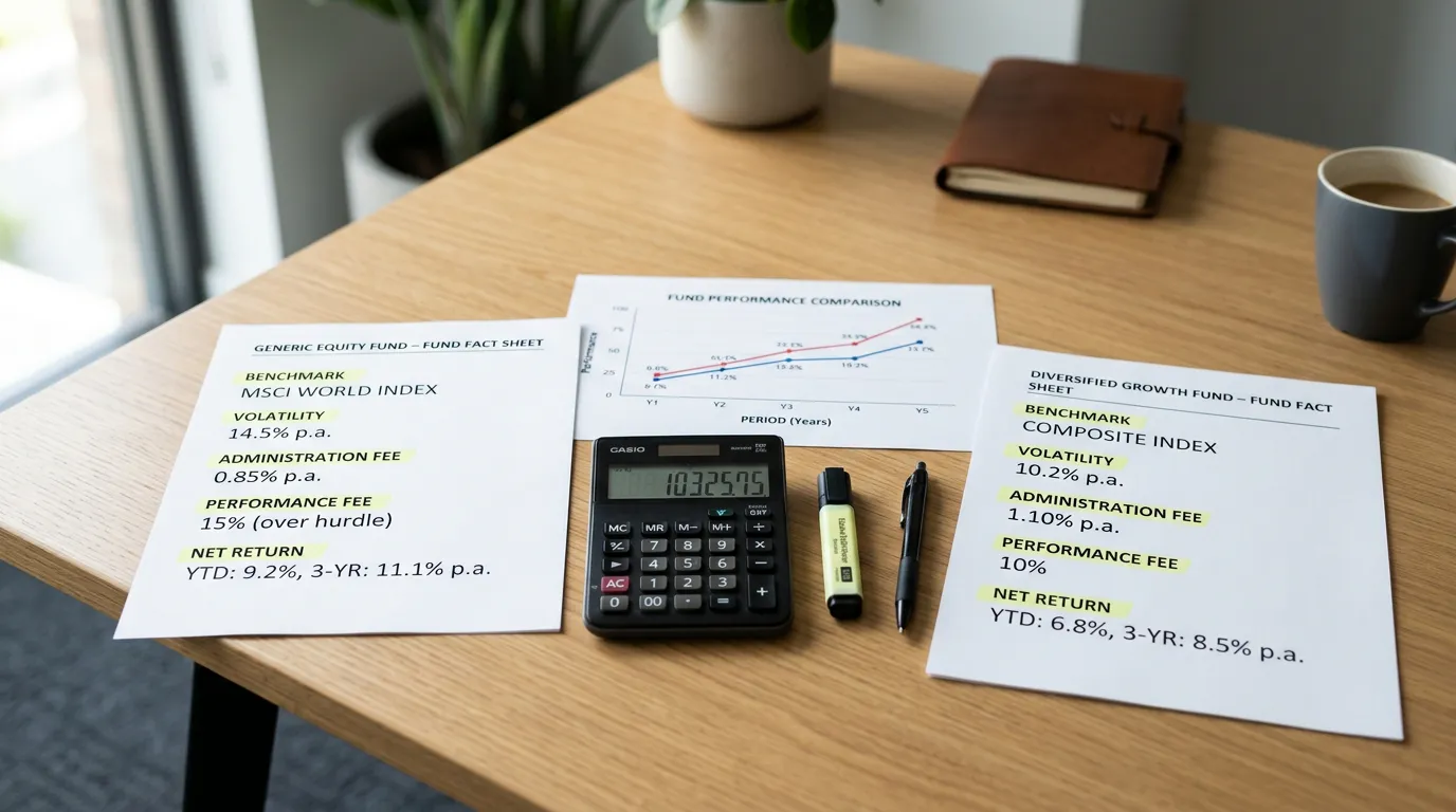 Duas opções genéricas de fundos comparadas por retorno, risco, benchmark, volatilidade e custos sobre uma mesa de análise