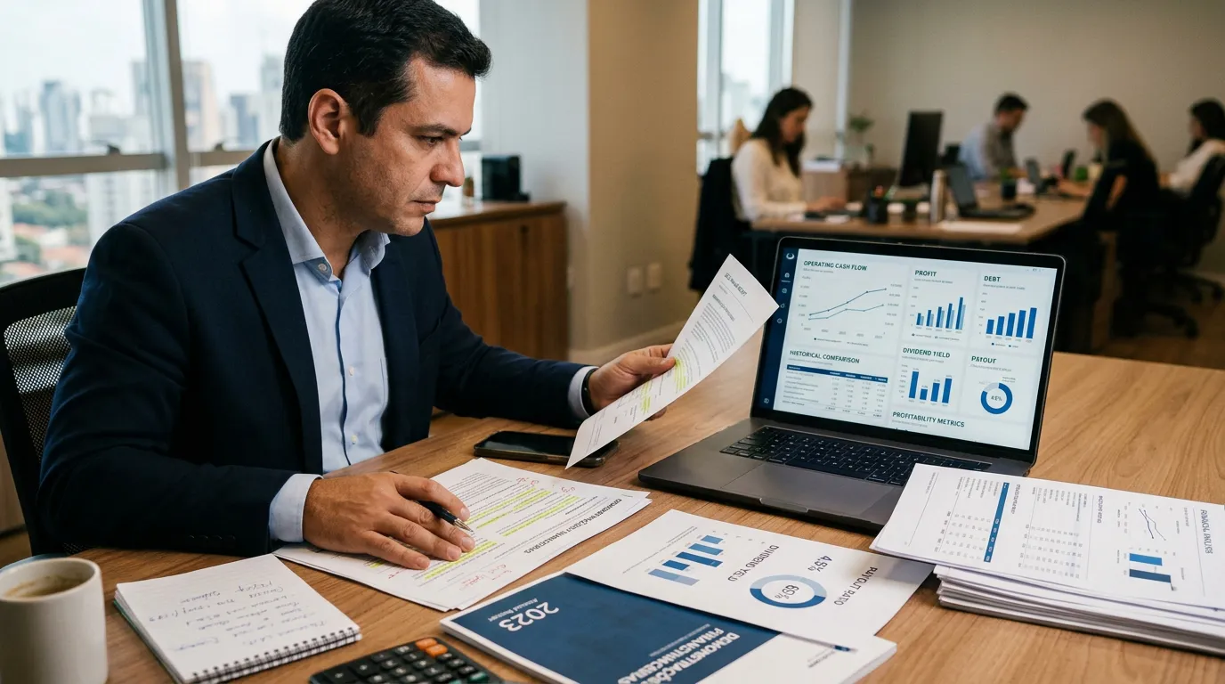 Investidor analisando lucro, geração de caixa, endividamento, payout e histórico de dividendos de uma empresa
