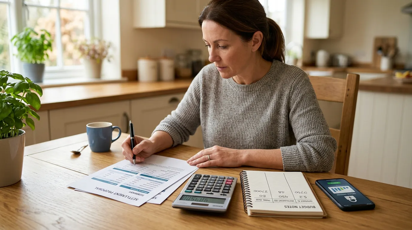 Pessoa comparando propostas de renegociação bancária com calculadora, anotações de juros, parcelas, prazo e valor total