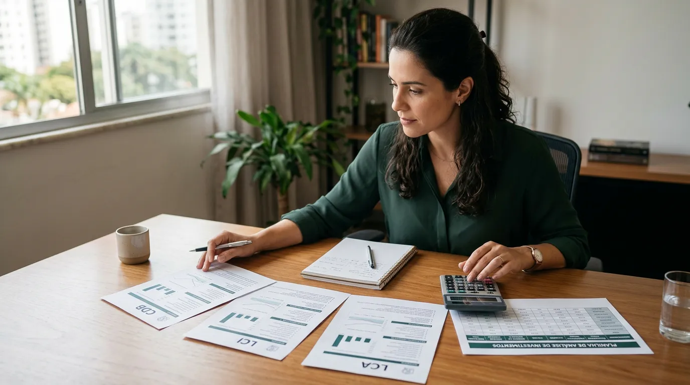 Investidor comparando ofertas de CDB, LCI e LCA em uma mesa com calculadora e planilha de taxas, impostos, liquidez, vencimento e proteção do FGC