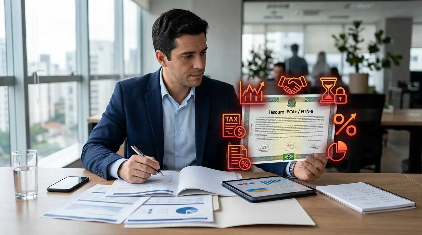 Investidor comparando documentos de investimentos enquanto símbolos representam risco de mercado, crédito, liquidez, impostos, custos e concentração