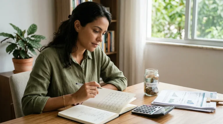 Investidor organizando um plano de renda mensal com calendário, calculadora, reserva financeira e documentos de investimentos diversificados