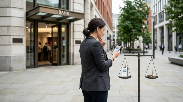 Pessoa avaliando uma conta digital no celular e um banco tradicional para escolher a opção mais adequada ao seu perfil
