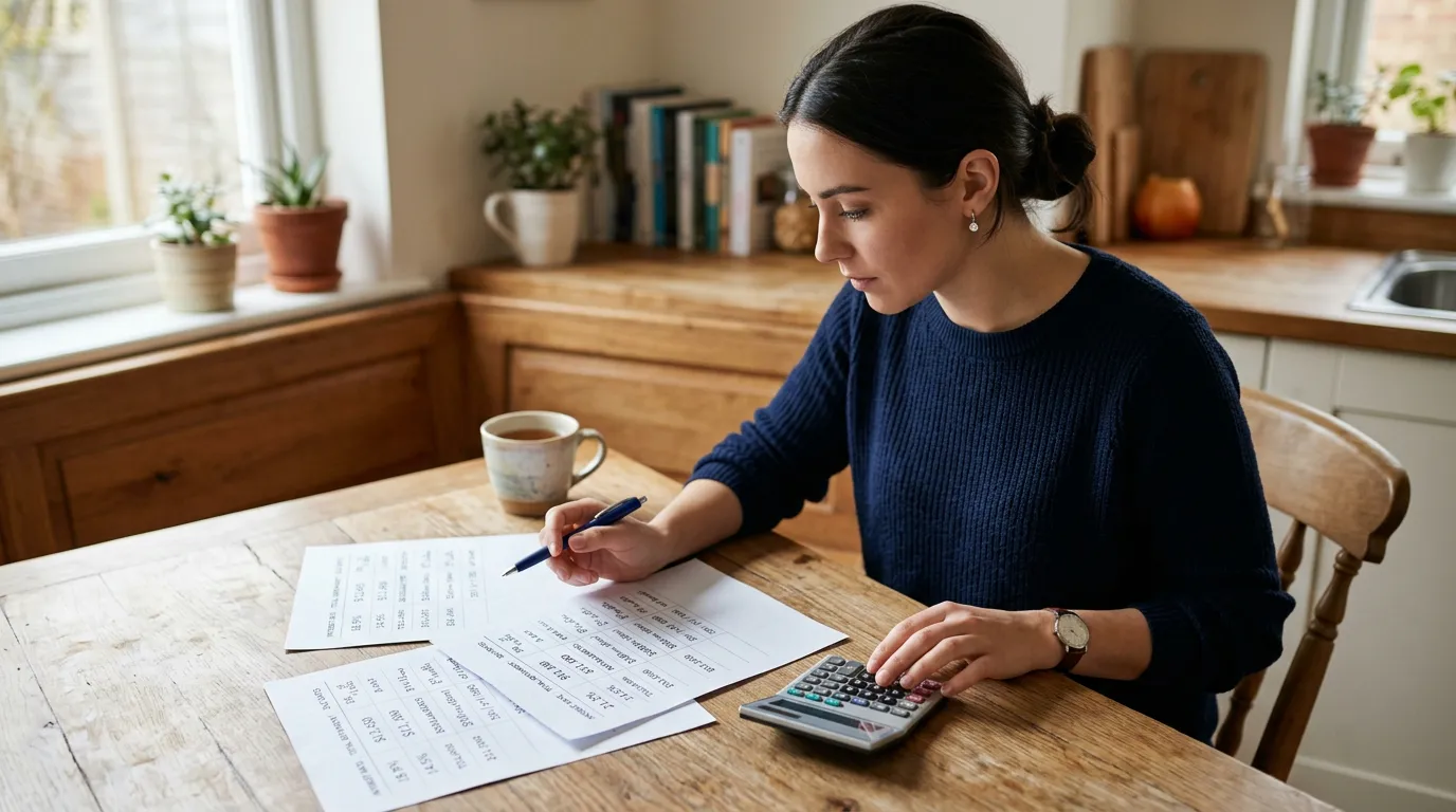 Pessoa comparando propostas de parcelamento e crédito com calculadora, taxas, parcelas e custo total organizados sobre a mesa