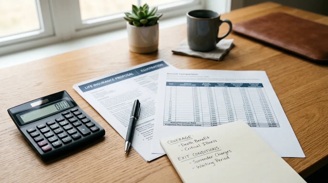 Tabela de proposta de seguro de vida comparando prêmios pagos, valor líquido de resgate, cobertura vigente e condições de saída ao lado de uma calculadora