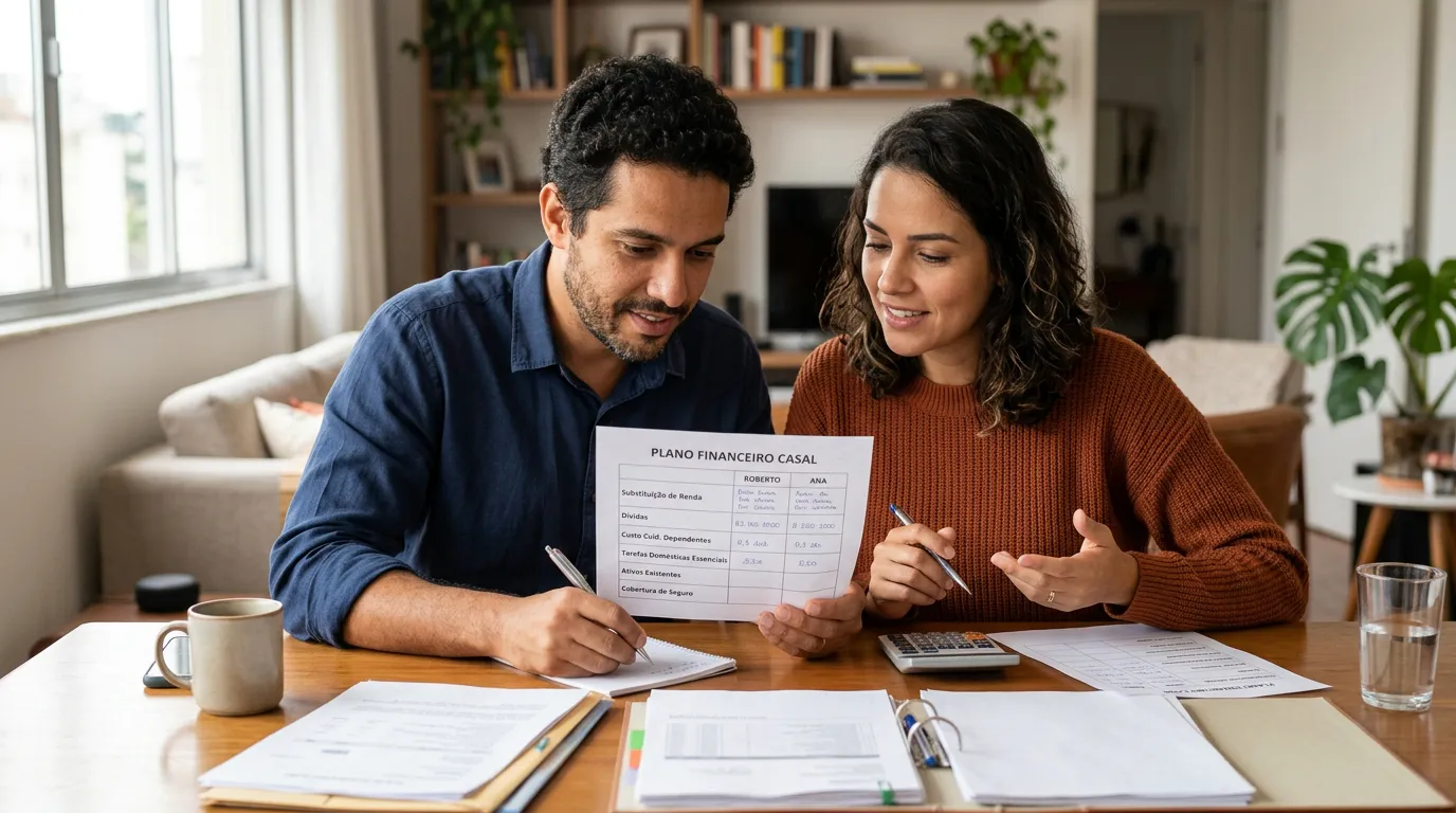 Casal brasileiro analisando separadamente renda, dívidas, custos com dependentes, patrimônio e coberturas de seguro em uma planilha financeira