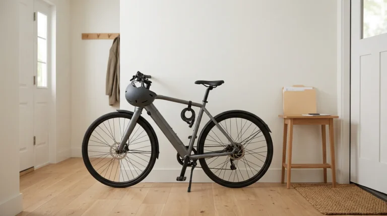 Bicicleta elétrica em uma entrada residencial com capacete, cadeado e uma pasta de seguro sobre uma mesa