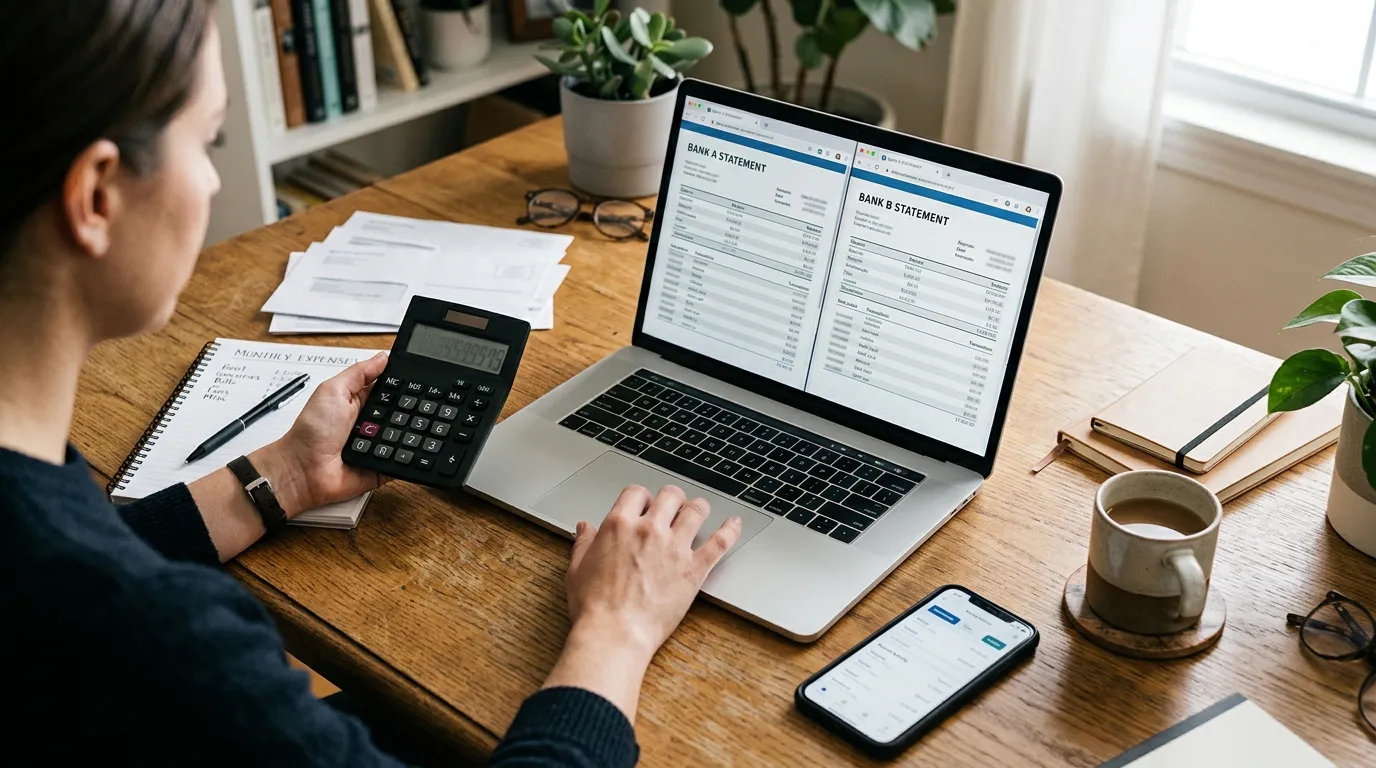 Pessoa comparando custos de duas contas bancárias com calculadora, extratos, celular e categorias de tarifas, juros e serviços adicionais