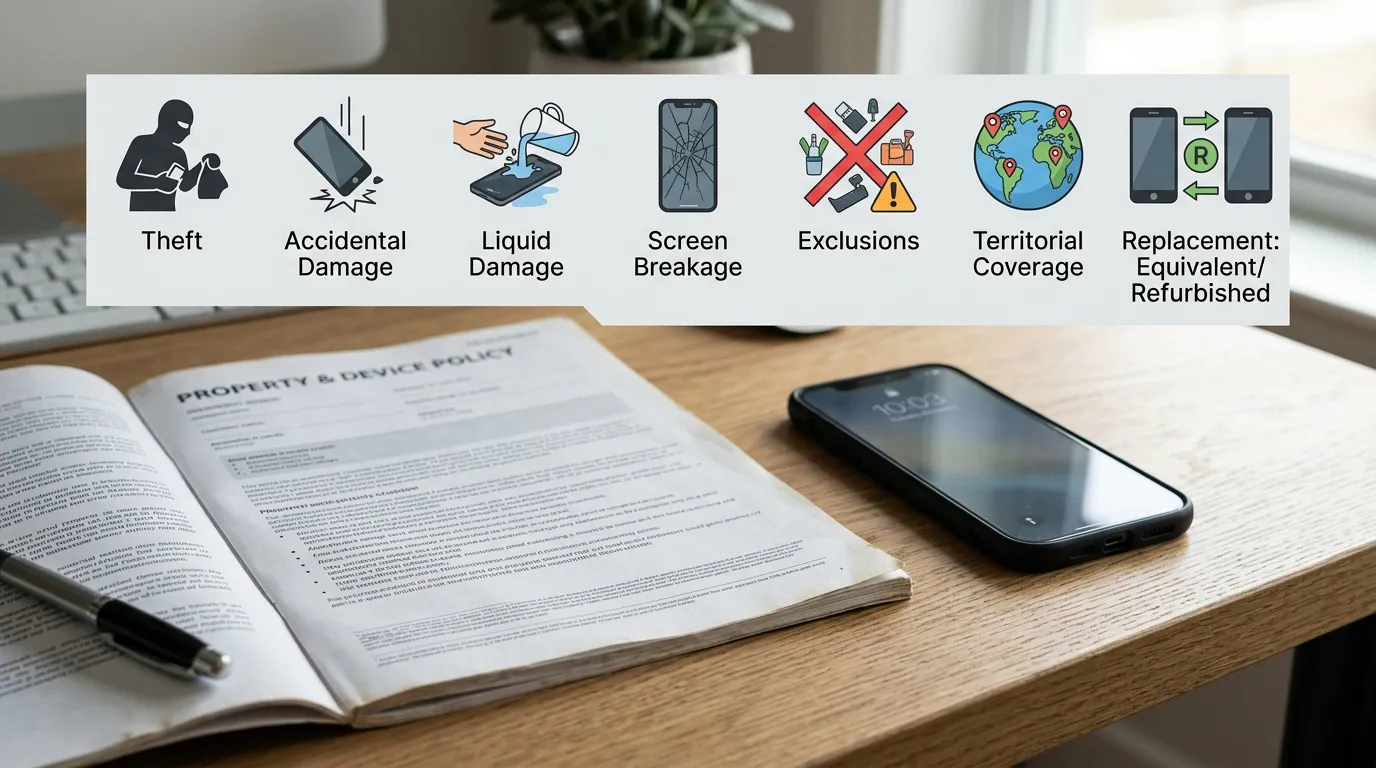 Celular ao lado de uma apólice aberta, com símbolos de roubo, danos acidentais, líquido, tela quebrada, exclusões e formas de reposição