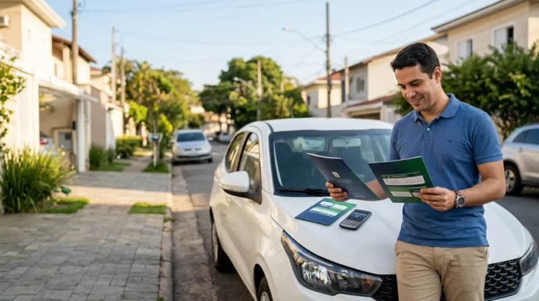 Motorista comparando propostas de seguro ao lado de um carro, com calculadora e documentos para equilibrar preço e proteção