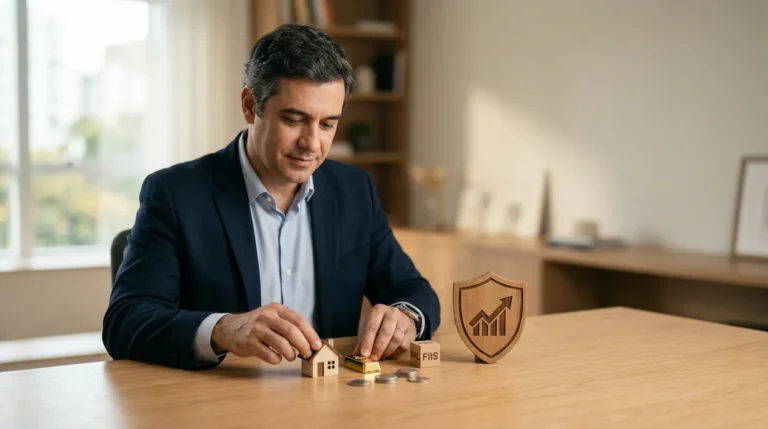 Investidor organizando alternativas diversificadas sob um símbolo de proteção do poder de compra