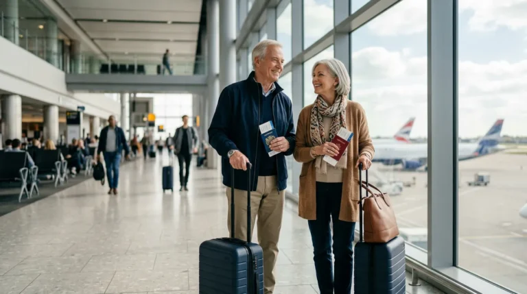 Casal idoso com malas preparando-se para uma viagem em um aeroporto
