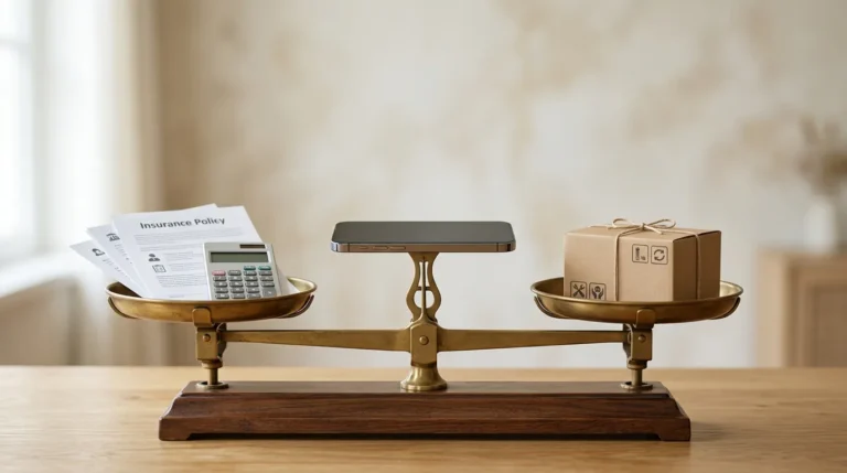 Celular em uma balança com uma apólice e uma calculadora de custos de um lado e opções de reparo ou reposição do outro