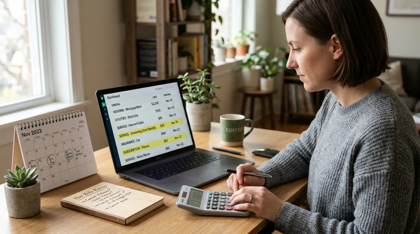 Pessoa analisando cobranças recorrentes, assinaturas e datas de renovação em uma mesa organizada