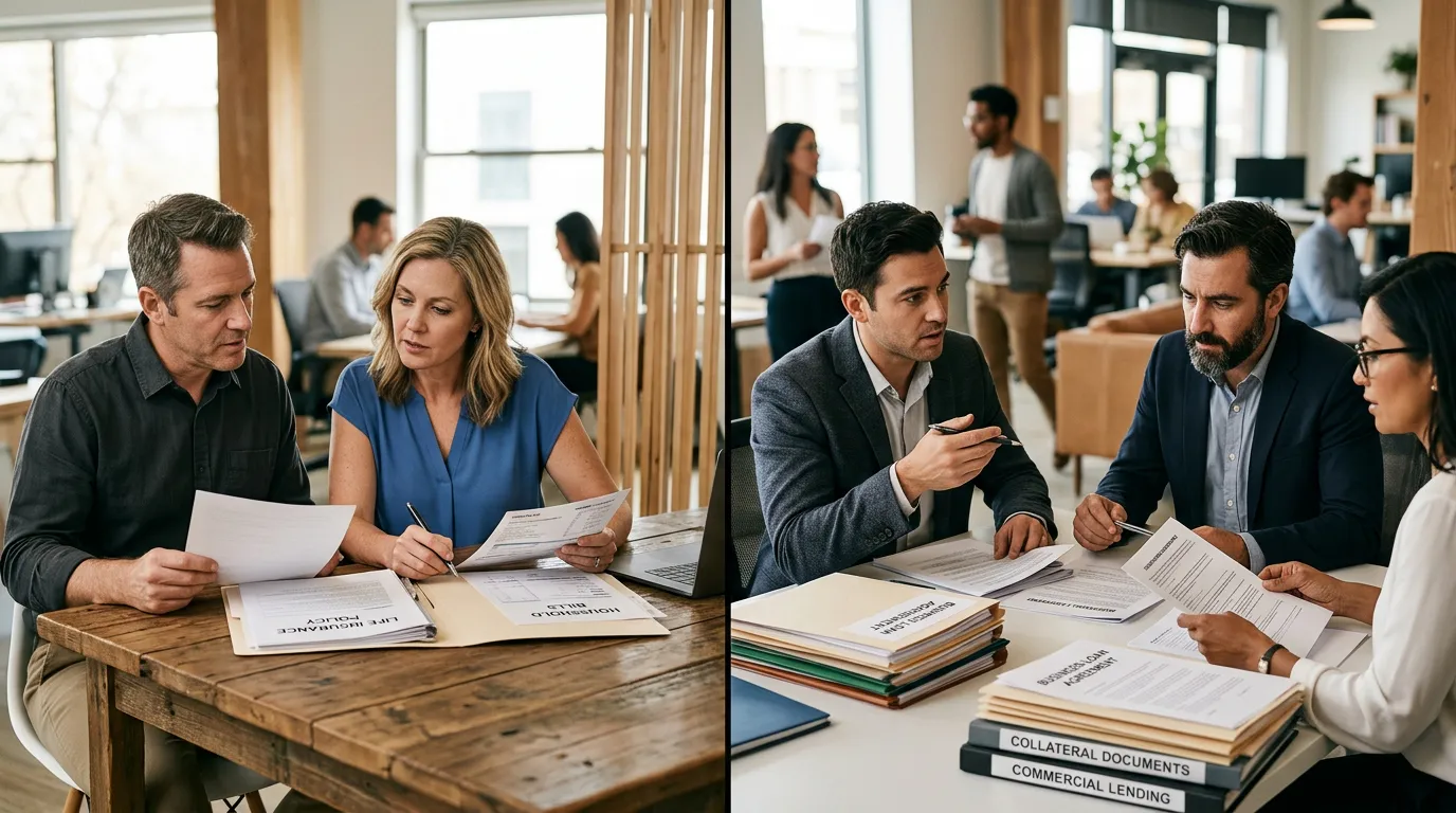 Família analisando despesas ao lado de uma proteção de vida independente enquanto uma equipe empresarial lida com documentos de empréstimo e garantias bancárias