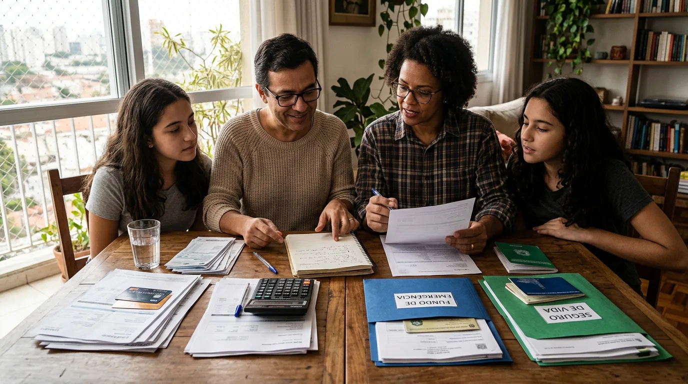 Família analisando despesas, dívidas, patrimônio e coberturas existentes para estimar a proteção financeira necessária