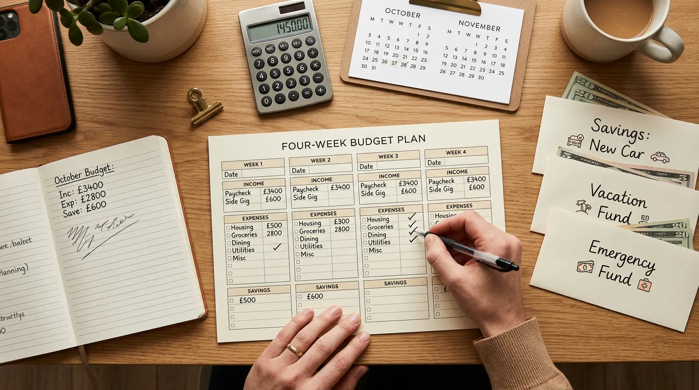 Planejamento financeiro de quatro semanas com registro de renda e despesas, calendário, envelopes de economia e acompanhamento da reserva