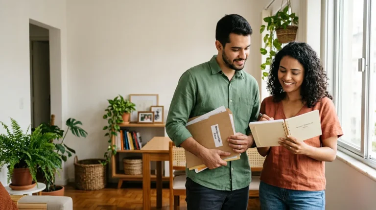 Casal jovem revisando o orçamento doméstico e planejando a proteção financeira da família