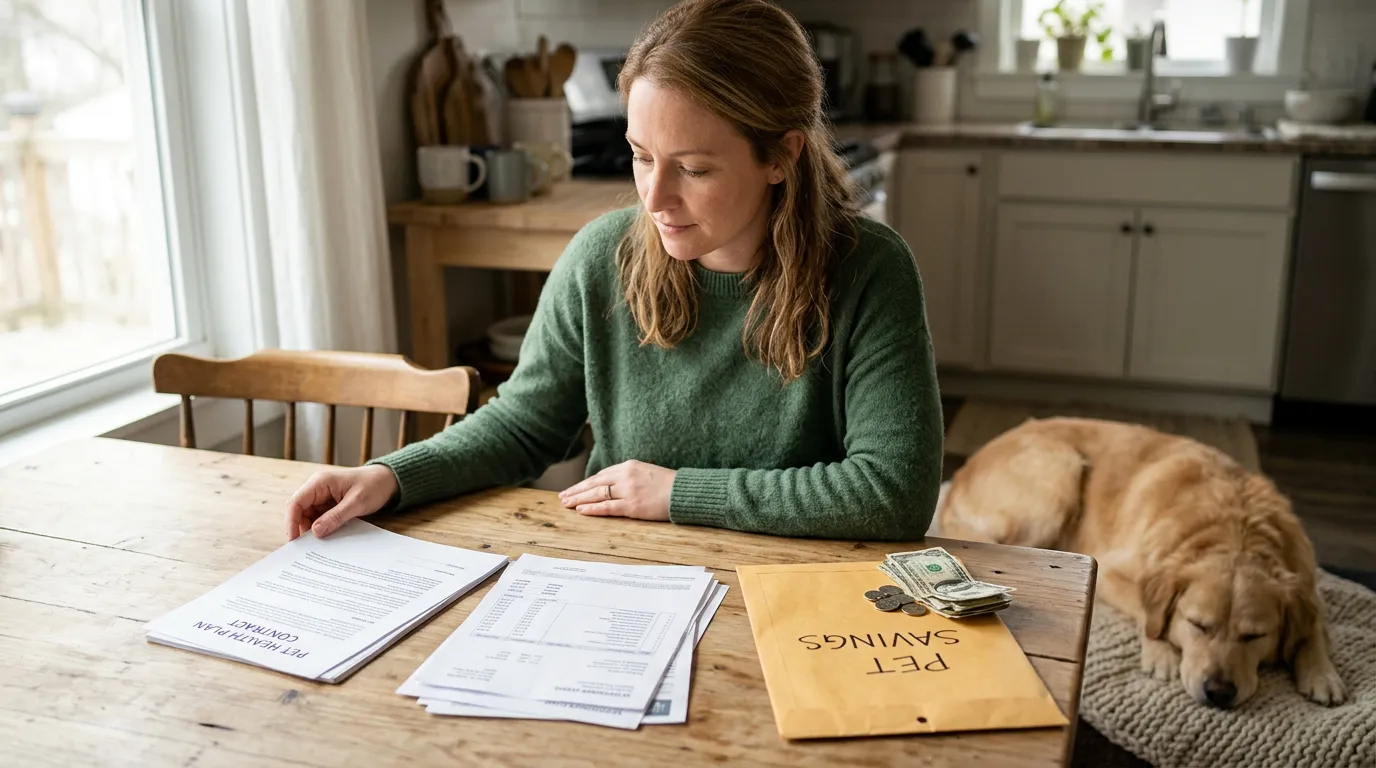 Tutor comparando plano de saúde para pets, pagamentos avulsos e uma reserva financeira enquanto um cão descansa ao lado