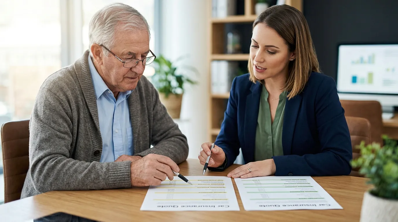 Pessoa idosa e corretor analisando duas cotações de seguro automotivo com coberturas, franquias, exclusões e custos totais lado a lado